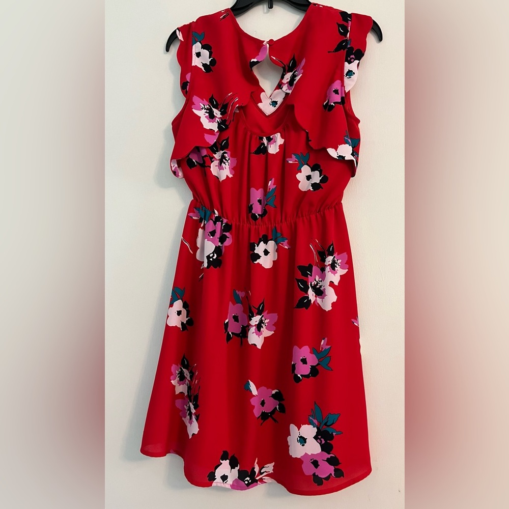 41 Hawthorn Sleeveless Dress, red with floral print, Size medium petite